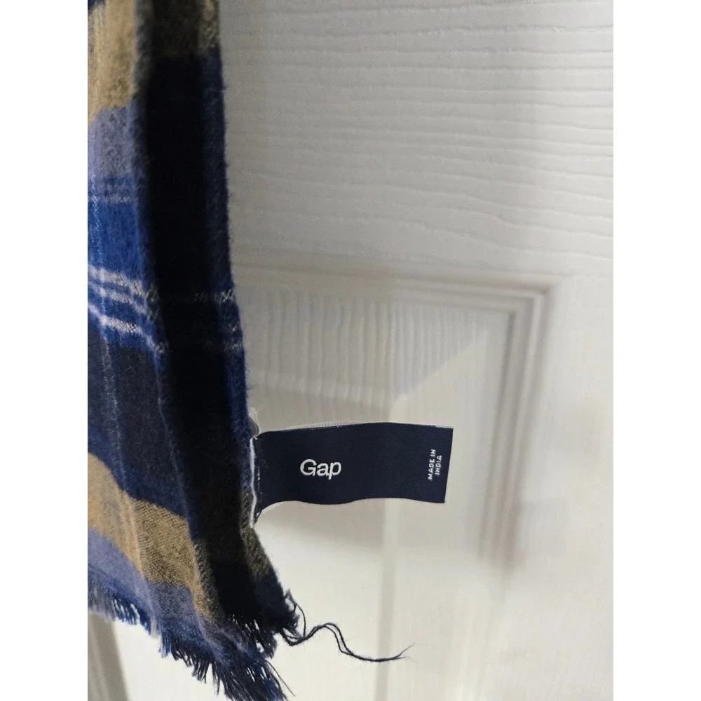 Gap Plaid Scarf Navy Blue Mustard Yellow 100% Cotton Frayed Rectangular Wrap